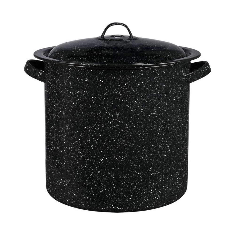 Vintage EnamelWare Black Speckled White Medium Stock Soup Pot W Lid